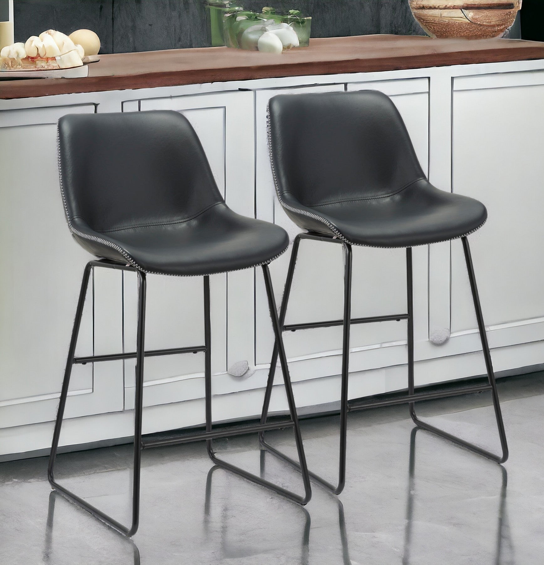 Set of Two 26" Black Faux Leather And Metal Low Back Counter Height Bar Chairs