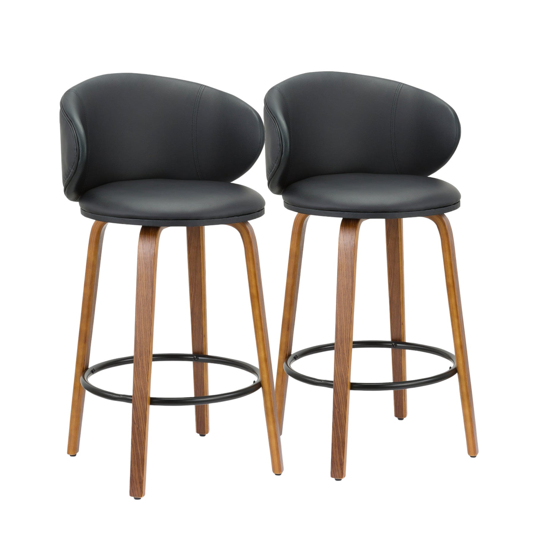 Set of Two 26" Black And Brown Faux Leather And Metal Low Back Counter Height Bar Chairs