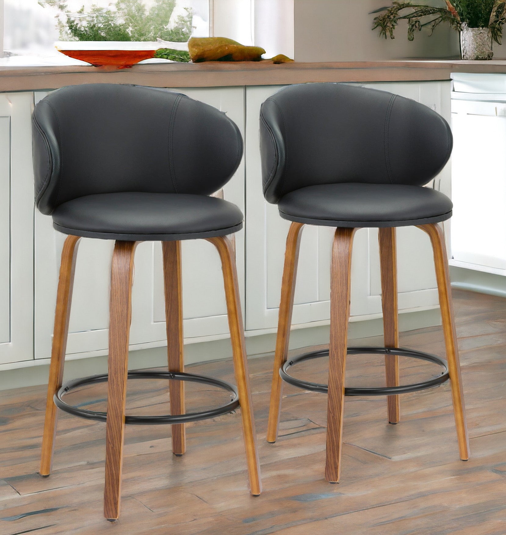 Set of Two 26" Black And Brown Faux Leather And Metal Low Back Counter Height Bar Chairs