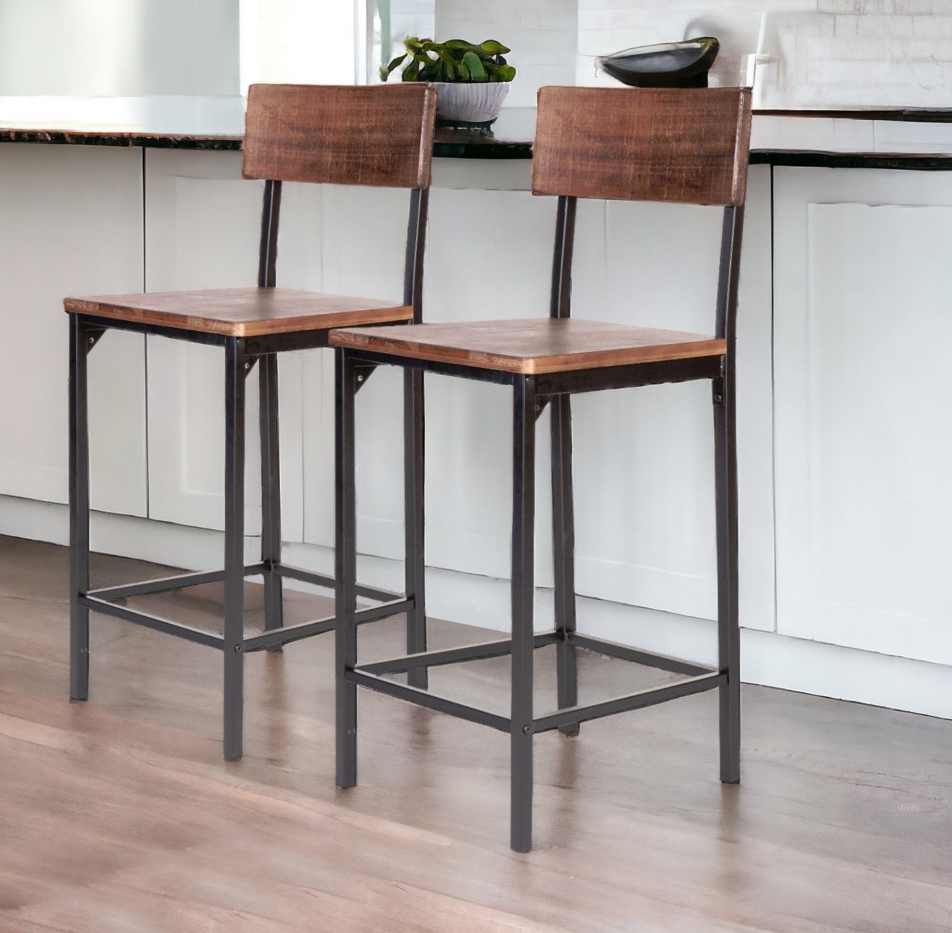 Set of Two 25" Brown And Black Reclaimed Wood And Metal Counter Height Bar Chairs