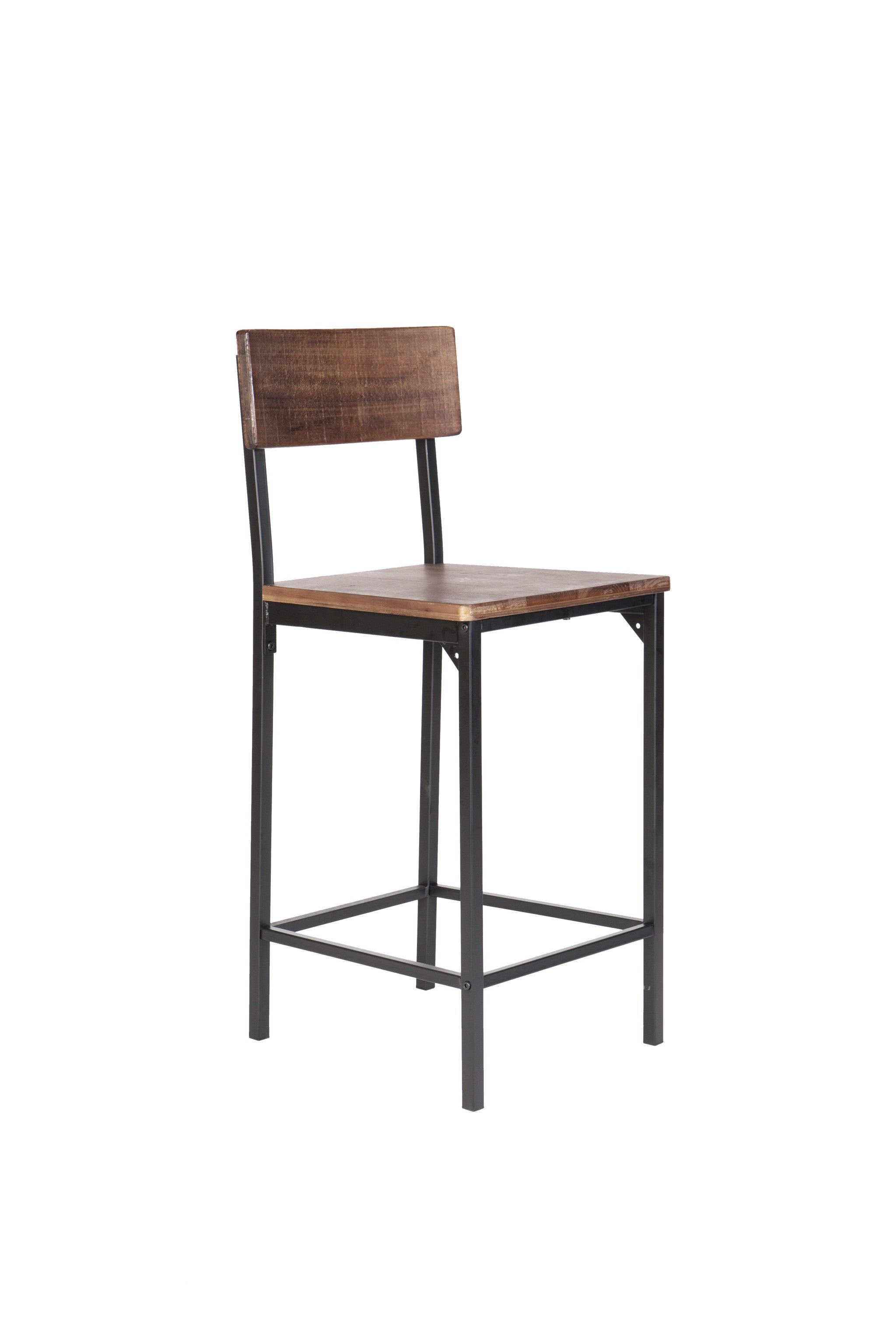 Set of Two 25" Brown And Black Reclaimed Wood And Metal Counter Height Bar Chairs