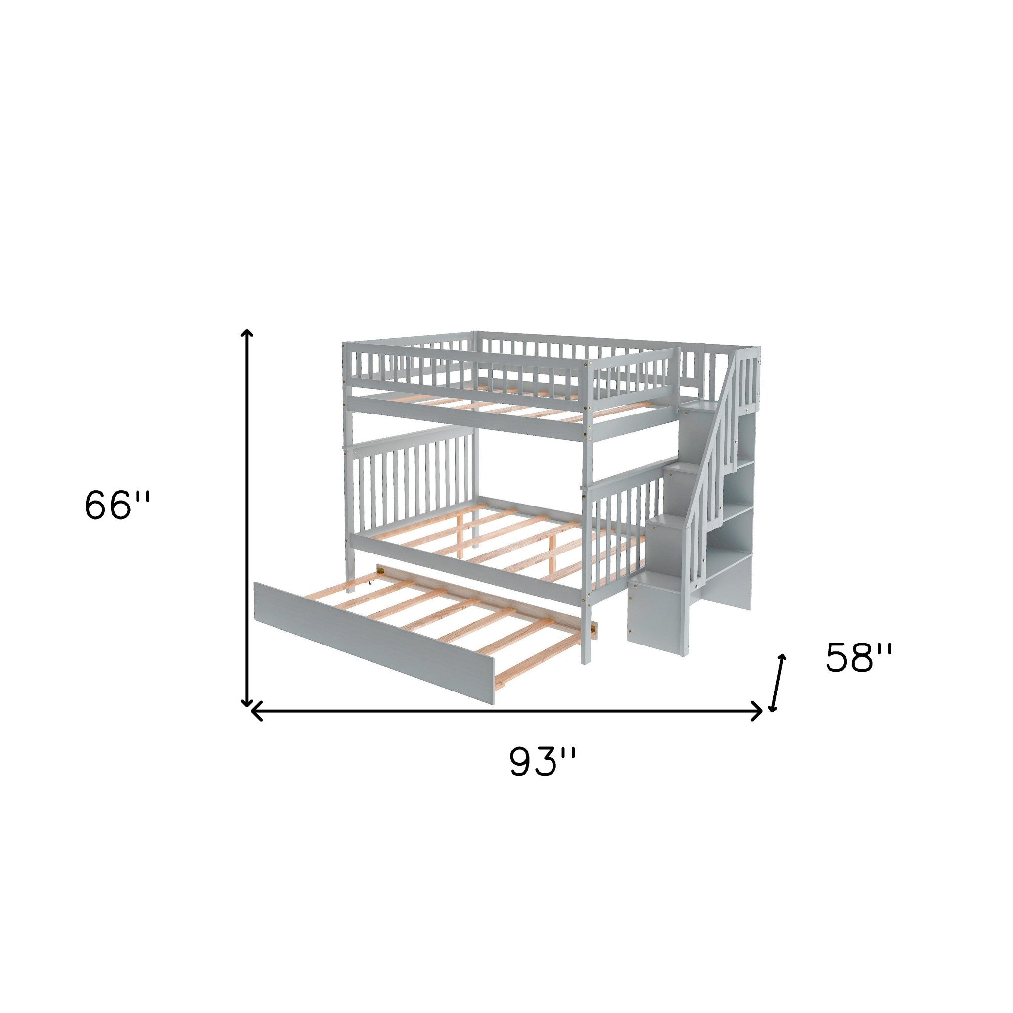 Gray Full Over Full Farmhouse Style Bunk Bed with Trundle and Staircase