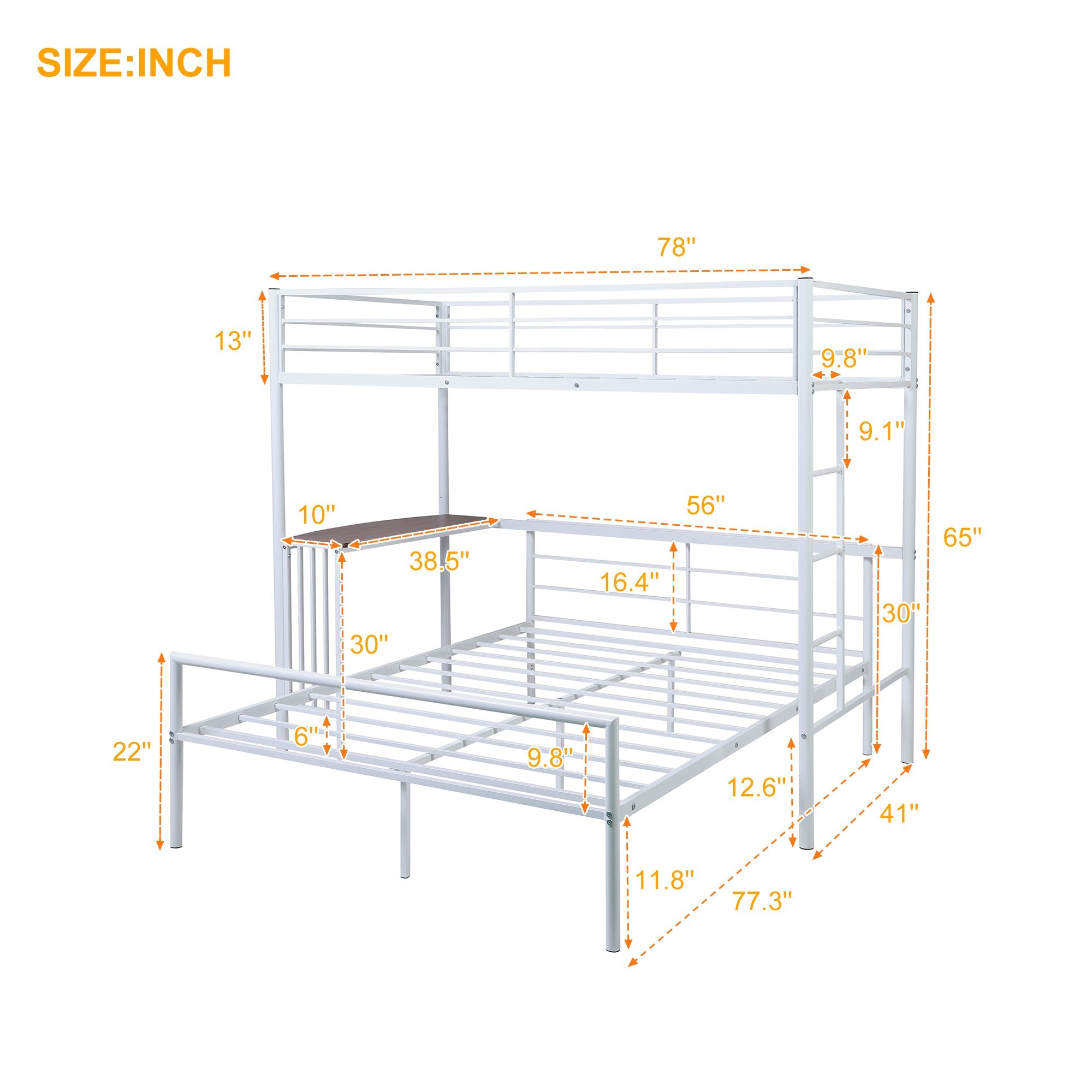 White Twin Over Full Size Metal Bunk Bed with Desk