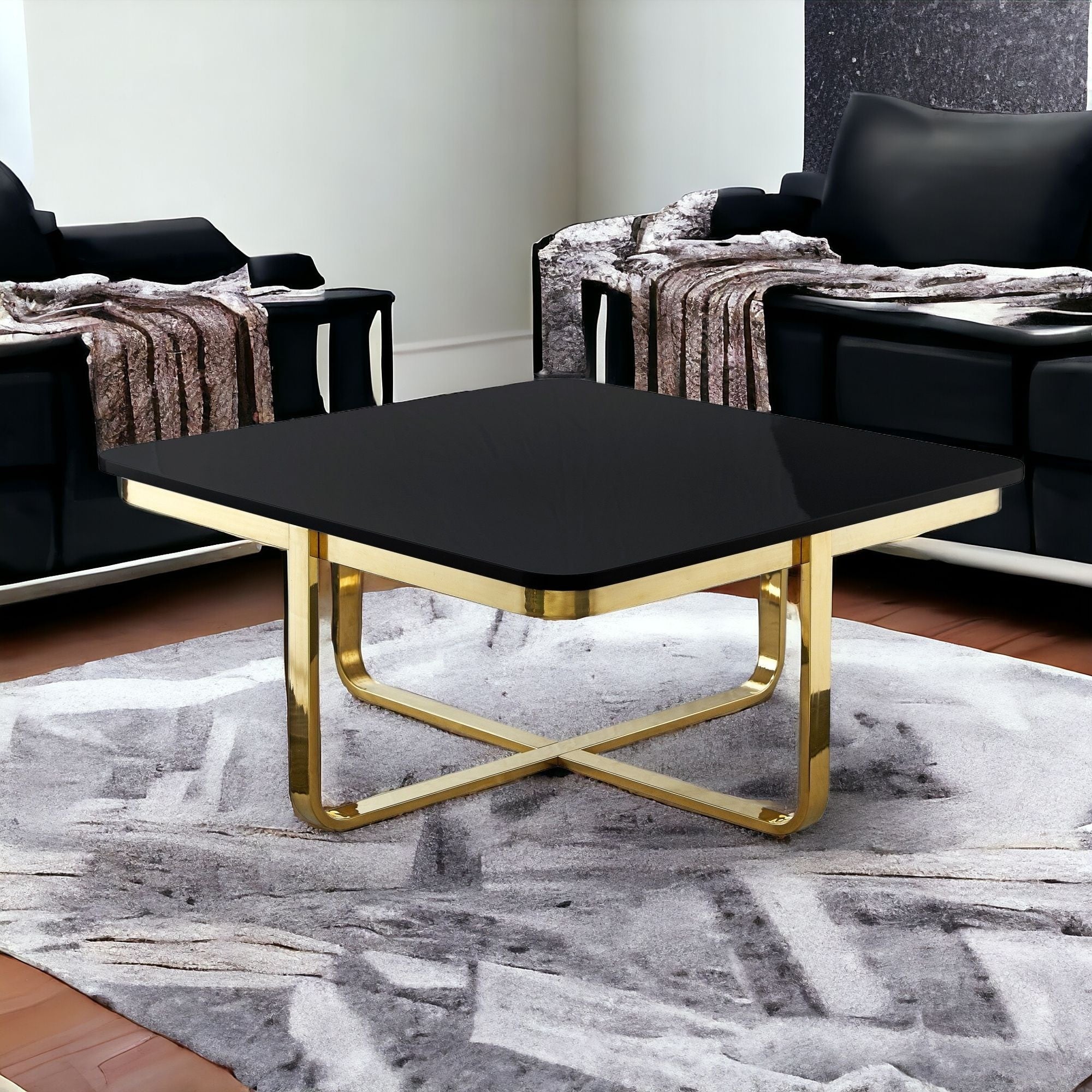 35" Black And Gold Stainless Steel Square Coffee Table
